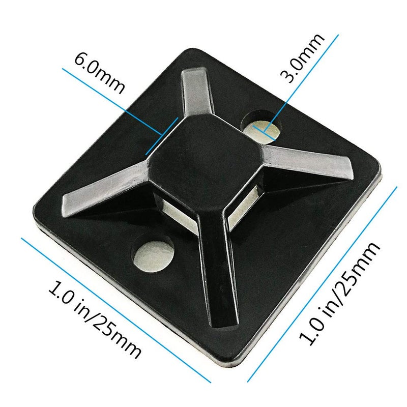 HS أقواس ربط الكابلات ذاتية اللصق مع ثقب برغي لحامل ربط الأسلاك (100 عبوة) مربعات 1x1 بوصة، أسود - Image 3